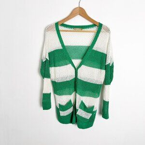 Etam Loose Knit Crochet Cardigan Green and White Stripe size
